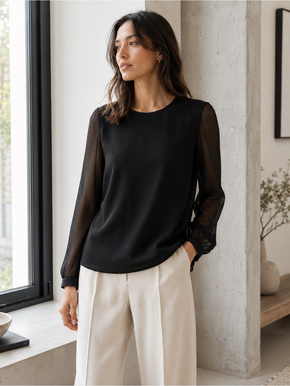 Eileen Fisher Black Silk Blouse Sheer Sleeve Crew Neck Top Minimalist XXS Petite